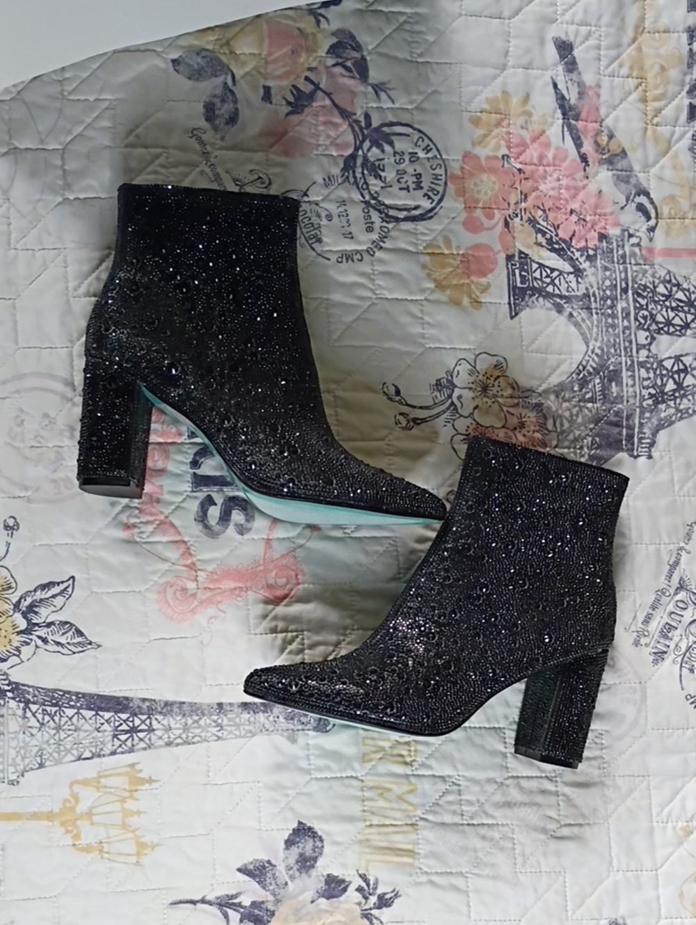 Betsey Johnson Black Glass Stone Block-Heel Ankle Boots with Teal Sole